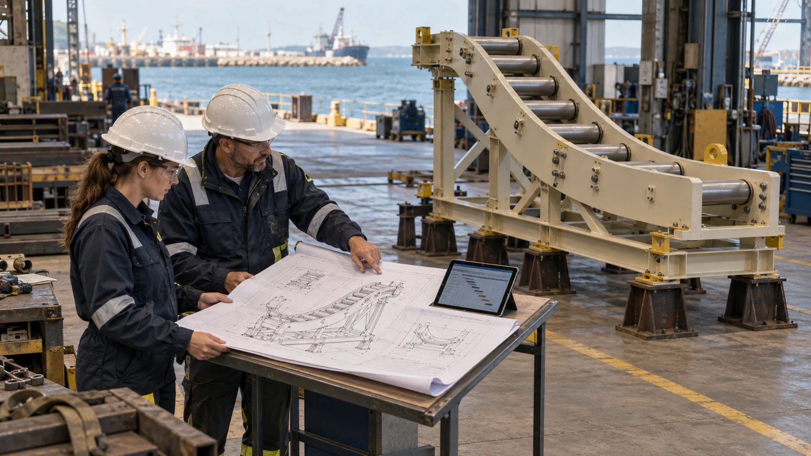 A fabricated offshore steel frame lifted by a crane