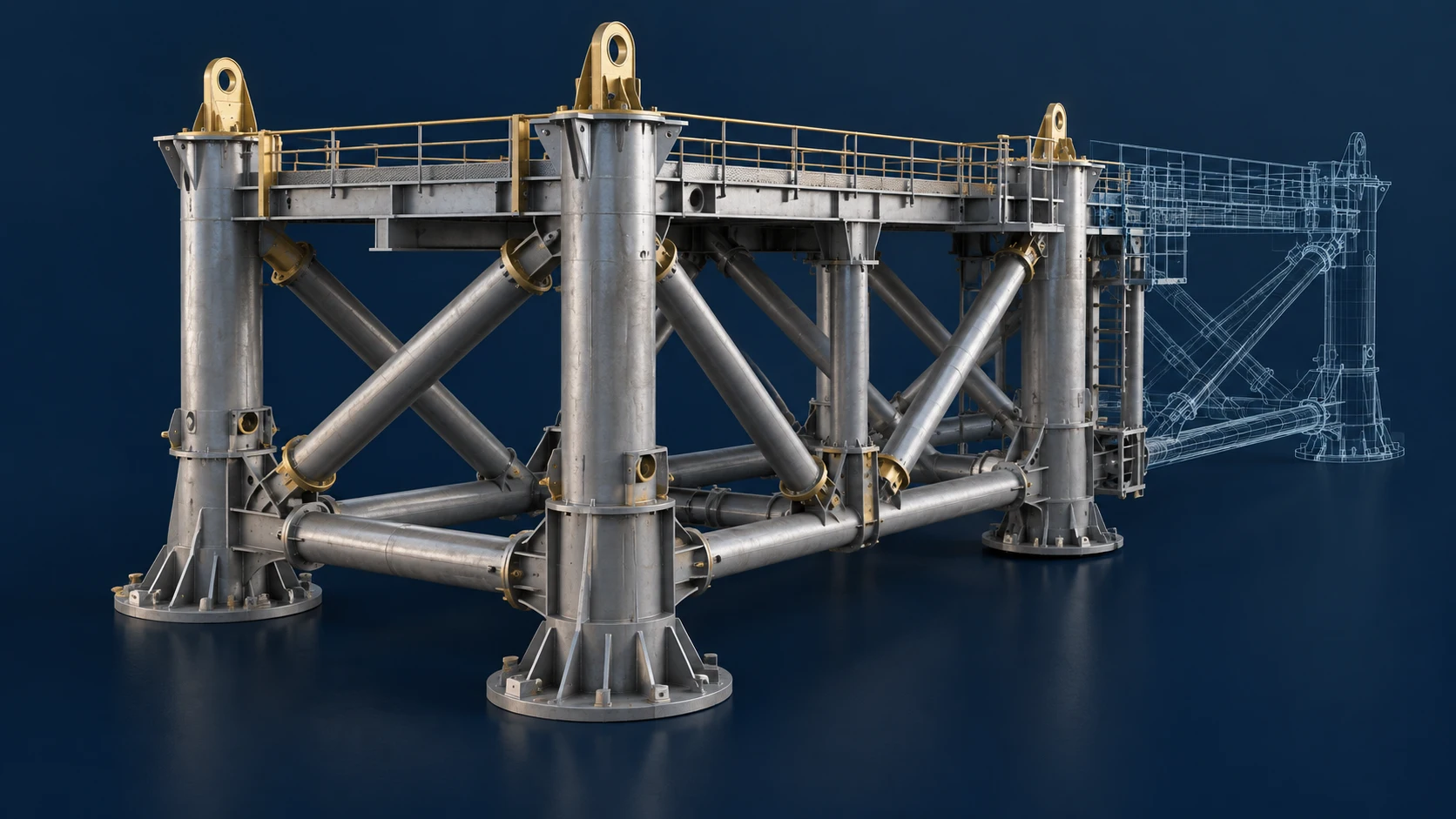 Offshore steel support frame with an integrated structural model